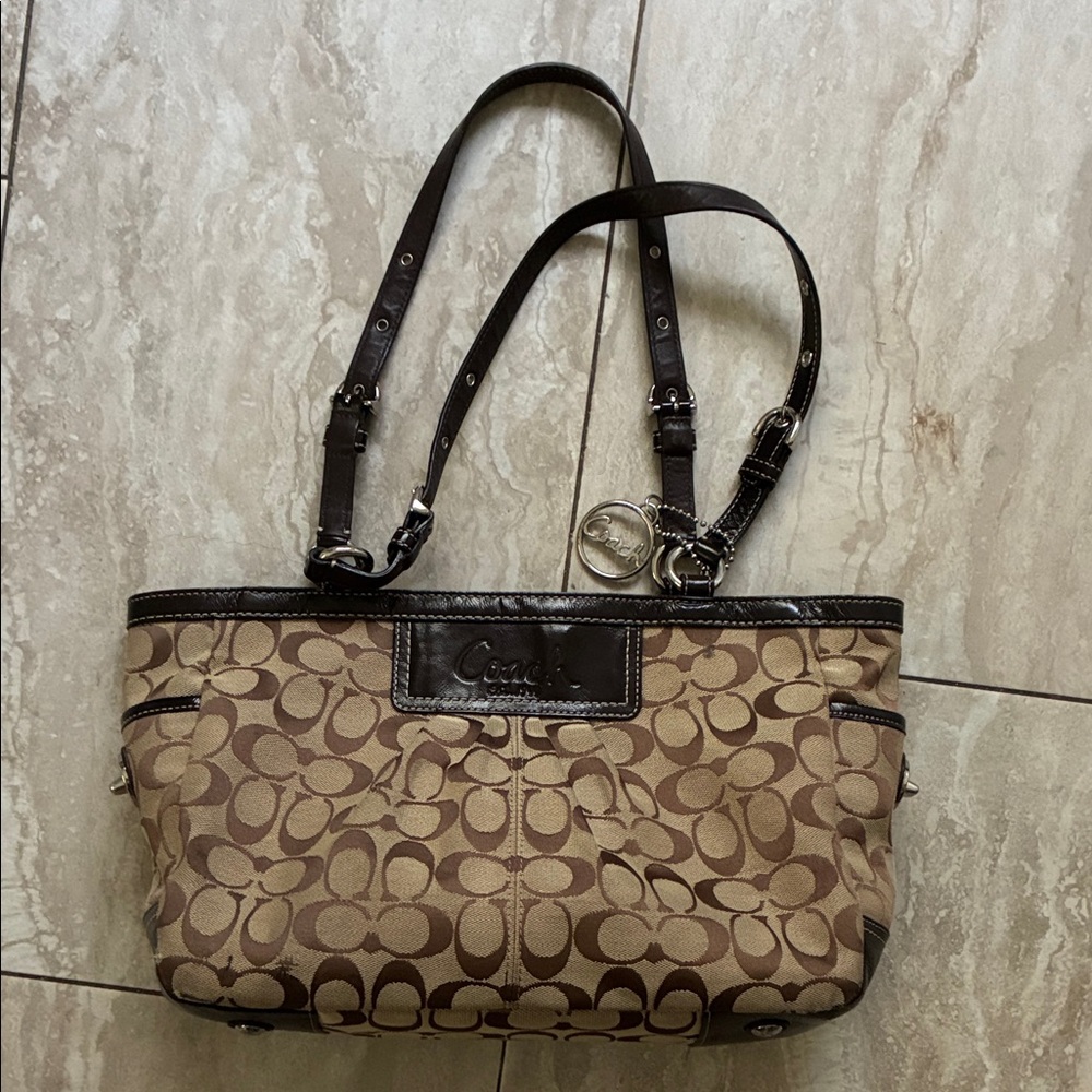 Coach Tan and Brown Signature Shoulder Bag